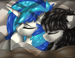 Size: 3000x2300 | Tagged: safe, artist:llametsul, derpibooru import, dj pon-3, octavia melody, vinyl scratch, earth pony, pony, unicorn, bed, couple, cuddling, ears, eyes closed, eyeshadow, female, floppy ears, grin, high res, lesbian, makeup, mare, pillow, scratchtavia, shipping, smiling