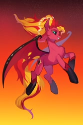 Size: 2333x3500 | Tagged: safe, artist:ikirunosindo, derpibooru import, sunset satan, sunset shimmer, demon, demon pony, pony, equestria girls, equestria girls (movie), big tail, black sclera, chest fluff, demon wings, equestria girls ponified, fangs, female, flying, glossy, glowing eyes, gradient background, high res, hoof shoes, looking at you, mare, midair, nightmare sunset, ponified, race swap, raised hoof, raised leg, smiling, solo, stars, tattered, tattered wings, torn ear, windswept mane, wings