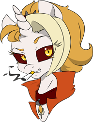 Size: 1134x1477 | Tagged: safe, artist:2hrnap, derpibooru import, edit, oc, oc only, oc:dyx, cigarette, looking at you, raised eyebrow, red sclera, simple background, smoking, solo, transparent background, unusual pupils