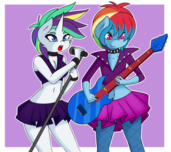 Size: 4500x4000 | Tagged: safe, artist:caoscore, derpibooru import, rainbow dash, rarity, anthro, alternate hairstyle, clothes, female, guitar, horn, jacket, leather jacket, lesbian, microphone, musical instrument, punk, rainbow punk, raridash, raripunk, shipping, skirt