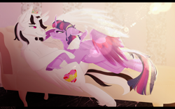 Size: 3840x2376 | Tagged: safe, artist:nyota71, derpibooru import, twilight sparkle, twilight sparkle (alicorn), oc, oc:prince slayer, alicorn, pony, alternate design, canon x oc, colored hooves, colored pupils, colored wings, commission, female, leonine tail, looking at each other, lying down, male, mare, romantic, shipping, smiling, sofa, stallion, straight, unshorn fetlocks, wings