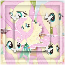 Size: 2560x2560 | Tagged: safe, derpibooru import, edit, edited screencap, editor:wittleponiez, screencap, fluttershy, butterfly, pegasus, pony, collage, cute, happy, instagram, photoshop, pink, shyabetes, sparkles, wings