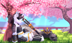 Size: 5555x3333 | Tagged: safe, artist:airiniblock, derpibooru import, oc, oc only, oc:shiro reisu, pony, unicorn, cherry blossoms, cherry tree, curved horn, garden, horn, katana, male, rcf community, samurai, solo, stallion, sword, tree, weapon