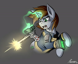 Size: 2300x1900 | Tagged: dead source, safe, artist:whitepone, derpibooru import, oc, oc only, oc:littlepip, pony, unicorn, fallout equestria, clothes, fanfic, fanfic art, female, glowing horn, gun, handgun, horn, little macintosh, magic, mare, pipbuck, revolver, shooting, simple background, solo, telekinesis, vault suit, weapon