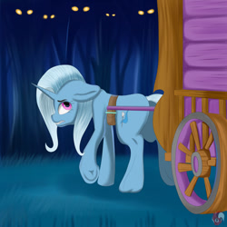 Size: 1280x1280 | Tagged: safe, artist:joaothejohn, derpibooru import, trixie, pony, unicorn, carriage, ears, eye, eyes, floppy ears, frog (hoof), looking back, night, trixie's wagon, underhoof