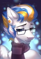 Size: 2480x3507 | Tagged: safe, artist:fenwaru, derpibooru import, oc, oc only, pegasus, pony, aperture science, clothes, ear piercing, earring, glasses, heterochromia, jewelry, piercing, portal (valve), scarf, smiling, solo