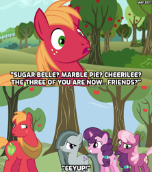 Size: 1280x1440 | Tagged: safe, artist:not-yet-a-brony, derpibooru import, big macintosh, cheerilee, marble pie, sugar belle, earth pony, unicorn, hard to say anything, 2021, apple, apple tree, awkward, dialogue, eeyup, episode reference, female, friends, friendship, husband and wife, male, smiling, sweet apple acres, tree, uh oh, youtube link