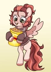 Size: 1354x1926 | Tagged: safe, artist:futoomoidasena1, derpibooru import, pegasus, pony, chips, clothes, flying, food, happy, hoodie, open mouth, potato chips, smiling, solo, spread wings, wings