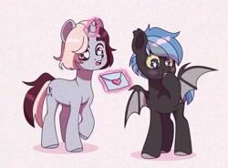 Size: 2111x1551 | Tagged: safe, artist:futoomoidasena1, derpibooru import, oc, oc only, bat pony, pony, unicorn, biting, blushing, heart, hoof biting, letter, magic, nervous, spread wings, telekinesis, wings