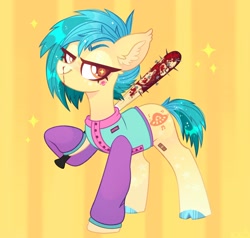 Size: 2048x1953 | Tagged: safe, artist:n in a, derpibooru import, earth pony, pony, baseball bat, blood, clothes, jacket, looking at you, nosebleed, smiling, sparkles, spiked bat