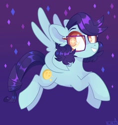 Size: 1945x2048 | Tagged: safe, artist:n in a, derpibooru import, oc, oc only, pegasus, pony, flying, glasses, grin, looking at you, smiling, solo, spread wings, wings