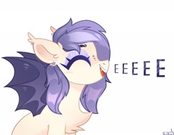 Size: 2048x1592 | Tagged: safe, artist:n in a, derpibooru import, oc, oc only, bat pony, pony, ear piercing, earring, eeee, eyes closed, happy, jewelry, piercing, smiling, solo, spread wings, wings