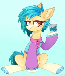 Size: 1932x2252 | Tagged: safe, artist:n in a, derpibooru import, earth pony, pony, blood, clothes, cloven hooves, cup, jacket, lidded eyes, looking at you, nosebleed, smiling, solo, solo jazz, sparkles