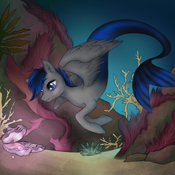 Size: 1740x1748 | Tagged: safe, artist:lifaxenon, derpibooru import, oc, oc only, hybrid, merpony, pegasus, pony, blue eyes, coral, female, fish tail, glow, mare, ocean, oyster, pearl, seaponified, seaweed, solo, species swap, swimming, tail, underwater, water, wings