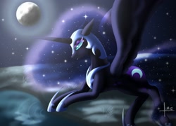 Size: 1671x1206 | Tagged: safe, artist:bluediamondoficial01, derpibooru import, nightmare moon, alicorn, pony, blue eyes, blue mane, colored pupils, ethereal mane, female, hoof shoes, horn, moon, moonlight, night, signature, sky, smiling, solo, spread wings, starry mane, stars, water, wings