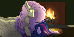 Size: 1280x651 | Tagged: safe, artist:mushroomdoggo, derpibooru import, fluttershy, twilight sparkle, twilight sparkle (alicorn), alicorn, pegasus, pony, female, fire, fireplace, lesbian, looking at each other, lying down, mare, shipping, smiling, snuggling, twishy