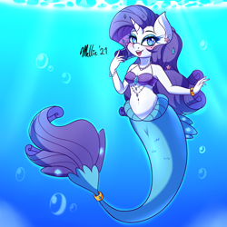 Size: 1450x1450 | Tagged: safe, artist:melliedraws, derpibooru import, rarity, anthro, mermaid, unicorn, belly button, blue mane, blushing, bra, bubble, clothes, female, fish tail, looking at you, mermaidized, ocean, open mouth, seashell bra, solo, species swap, sunlight, tail, underwater, underwear, water