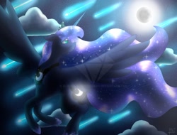 Size: 1804x1371 | Tagged: safe, artist:bluediamondoficial01, derpibooru import, princess luna, alicorn, pony, blue mane, crown, ethereal mane, female, flowing mane, flying, glow, hoof shoes, horn, jewelry, moon, moonlight, regalia, solo, spread wings, starry mane, stars, watermark, wings