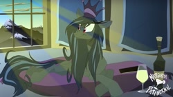 Size: 2048x1152 | Tagged: safe, artist:shawn keller, screencap, oc, oc only, oc:lustrous (shawn keller), pegasus, pony, bed, bottle, cellphone, crown, female, glass, guardians of pondonia, hooves, indoors, jewelry, lying down, mane, mare, margarita paranormal, phone, prone, red eyes, regalia, smartphone, smiling, tail