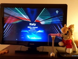 Size: 2048x1536 | Tagged: safe, artist:xeto_de, oc, oc only, oc:milli, pony, eurovision song contest, irl, italian, italy, microphone, photo, plushie, television