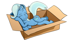 Size: 1920x1080 | Tagged: safe, artist:xppp1n, trixie, pony, unicorn, :3, behaving like a cat, belly button, cardboard box, cute, diatrixes, eyes closed, female, mare, simple background, sleeping, solo, transparent background