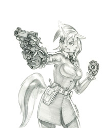 Size: 1000x1245 | Tagged: safe, artist:baron engel, oc, oc only, oc:skyfall, anthro, unicorn, anthro oc, clothes, female, gloves, grayscale, gritted teeth, gun, handgun, holster, horn, mare, monochrome, pencil drawing, revolver, solo, traditional art, unicorn oc, weapon