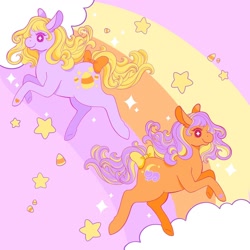 Size: 1440x1440 | Tagged: safe, artist:kirakiracalico, derpibooru import, abra-ca-dabra, earth pony, pony, g3, bow, candy, candy corn, cloud, duo, food, pumpkin tart, smiling, starry eyes, stars, tail bow, wingding eyes