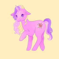 Size: 1280x1280 | Tagged: safe, artist:kirakiracalico, derpibooru import, pony, unicorn, g3, garden wishes, horn, raised hoof, raised leg, signature, simple background, smiling, solo, yellow background