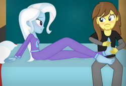 Size: 1600x1102 | Tagged: safe, artist:grapefruit-face, derpibooru import, trixie, oc, oc:grapefruit face, equestria girls, blushing, canon x oc, clothes, duo, feet, female, fetish, foot fetish, foot massage, grapexie, looking at each other, male, pajamas, shipping, straight