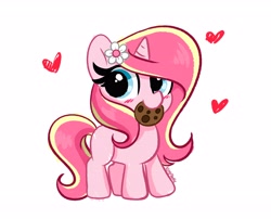 Size: 4096x3311 | Tagged: safe, artist:kittyrosie, derpibooru import, oc, oc only, oc:rosa flame, pony, unicorn, blushing, chocolate, cookie, cute, food, high res, horn, mouth hold, ocbetes, simple background, solo, unicorn oc, white background