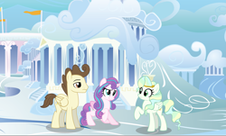 Size: 4775x2884 | Tagged: safe, artist:candyandflurry, derpibooru import, pound cake, princess flurry heart, oc, oc:misty trail, pony, offspring, older, older flurry heart, parent:sky stinger, parent:vapor trail, parents:vaporsky