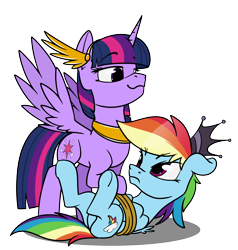 Size: 4560x4800 | Tagged: safe, alternate version, artist:dacaoo, derpibooru import, rainbow dash, twilight sparkle, twilight sparkle (alicorn), oc, oc:athena (shawn keller), oc:lustrous (shawn keller), alicorn, pegasus, pony, bondage, clothes, cosplay, costume, crown, duo, ears, floppy ears, frown, guardians of pondonia, jewelry, necklace, rainbond dash, regalia, rope, rope bondage, simple background, smiling, smug, spread wings, tied up, transparent background, underhoof, wings