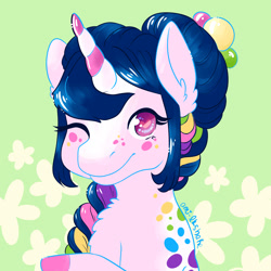 Size: 3000x3000 | Tagged: safe, artist:kirakiracalico, derpibooru import, oc, oc only, pony, unicorn, abstract background, braid, bust, colored hooves, ear fluff, ears, eyelashes, female, horn, mare, one eye closed, signature, smiling, solo, unicorn oc, wink