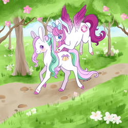 Size: 1800x1800 | Tagged: safe, artist:kirakiracalico, derpibooru import, oc, oc only, earth pony, pegasus, pony, bow, colored hooves, duo, earth pony oc, flower, flying, hair bow, outdoors, pegasus oc, signature, smiling, tree, wings