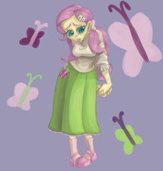 Size: 877x921 | Tagged: safe, alternate version, artist:king_.emery, derpibooru import, fluttershy, butterfly, equestria girls, clothes, female, high heels, sad, scene interpretation, shoes, skirt, solo