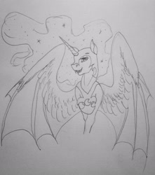 Size: 2448x2767 | Tagged: safe, artist:crazyaniknowit, derpibooru import, nightmare moon, pony, monochrome, solo, traditional art