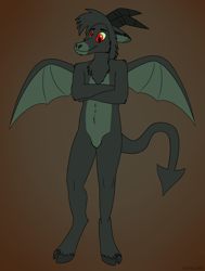 Size: 2140x2838 | Tagged: safe, artist:crusierpl, derpibooru import, oc, oc only, oc:jersey devil (shawn keller), anthro, goat, unguligrade anthro, cloven hooves, colored sclera, community related, crossed arms, front view, gradient background, guardians of pondonia, hair, horns, jersey devil, male, margarita paranormal, red eyes, smiling, solo, spread wings, standing, tail, unshorn fetlocks, webbed wings, wings