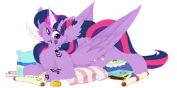 Size: 2418x1198 | Tagged: safe, artist:vanillaswirl6, derpibooru import, twilight sparkle, twilight sparkle (alicorn), alicorn, book, cheek fluff, chest fluff, ear fluff, ears, ink, inkwell, pillow, quill, quill pen, scroll, simple background, tongue, tongue out, transparent background