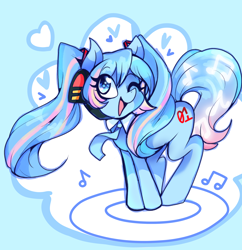 Size: 2900x3000 | Tagged: safe, artist:cherryroll, derpibooru import, earth pony, pony, abstract background, cute, female, hatsune miku, headphones, high res, mare, necktie, one eye closed, open mouth, ponified, solo, vocaloid, wink