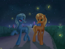 Size: 4724x3543 | Tagged: safe, artist:lin feng, derpibooru import, sunflower spectacle, trixie, pony, unicorn, absurd resolution, female, glowworm, like mother like daughter, like parent like child, mare, mother and child, mother and daughter, night, parent and child, stars