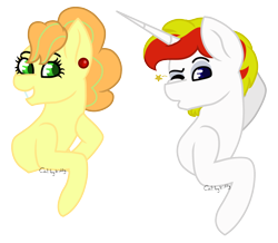 Size: 1342x1170 | Tagged: safe, artist:midnightamber, derpibooru import, oc, oc:apple needle, oc:lucky charm, earth pony, pony, unicorn, ear piercing, earring, jewelry, looking at you, one eye closed, piercing, smiling, wink, winking at you