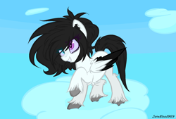 Size: 1726x1166 | Tagged: safe, artist:janeblood969, derpibooru import, oc, oc only, oc:jane blood, pegasus, pony, cloud, heterochromia, pegasus oc, solo, unshorn fetlocks