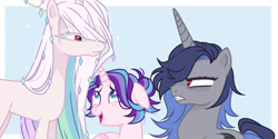 Size: 1280x640 | Tagged: safe, artist:nocturnal-moonlight, derpibooru import, oc, oc only, oc:celestial sunrise, oc:moonstone, alicorn, pony, unicorn, female, male, mare, stallion