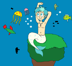 Size: 1670x1538 | Tagged: safe, artist:ocean lover, derpibooru import, terramar, fish, human, jellyfish, armpits, belly button, bubble, humanized, jewelry, looking up, male, merboy, mermaid lovers, merman, mermay, necklace, ocean, sitting, species swap, tail, underwater