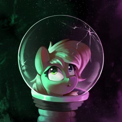 Size: 1532x1532 | Tagged: safe, artist:rexyseven, derpibooru import, oc, oc only, oc:rusty gears, earth pony, pony, :o, astronaut, female, helmet, heterochromia, mare, not applejack, open mouth, solo, space, spacesuit, this will not end well