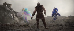 Size: 1439x609 | Tagged: safe, artist:slabs37, derpibooru import, princess celestia, princess luna, human, pony, axe, for honor, photoshop, shield, viking, weapon