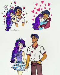 Size: 1794x2230 | Tagged: safe, artist:valeriamagicart, derpibooru import, capper dapperpaws, rarity, human, blushing, capperity, crown, cute, eyes closed, female, floating heart, heart, holding hands, humanized, jewelry, kissing, male, regalia, shipping, straight, traditional art