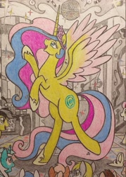 Size: 2133x2976 | Tagged: safe, artist:x-fang-z, derpibooru import, princess gold lily, alicorn, pony, bipedal, disco ball, ethereal mane, female, mare, party, traditional art, wings