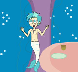 Size: 1609x1492 | Tagged: safe, artist:ocean lover, derpibooru import, terramar, human, season 8, surf and/or turf, spoiler:s08, belly button, bubble, chest, cup, dish, humanized, jewelry, male, merboy, merman, necklace, plate, scene interpretation, support beam, table, tail, underwater, vine