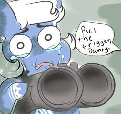 Size: 605x568 | Tagged: safe, artist:aerial aim, derpibooru import, oc, oc:dainty, commission, commissioner:reversalmushroom, funny, meme, pull the trigger piglet